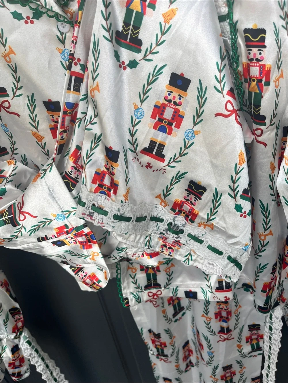 Nutcracker Print Satin Pajama Set - White with Red & Green